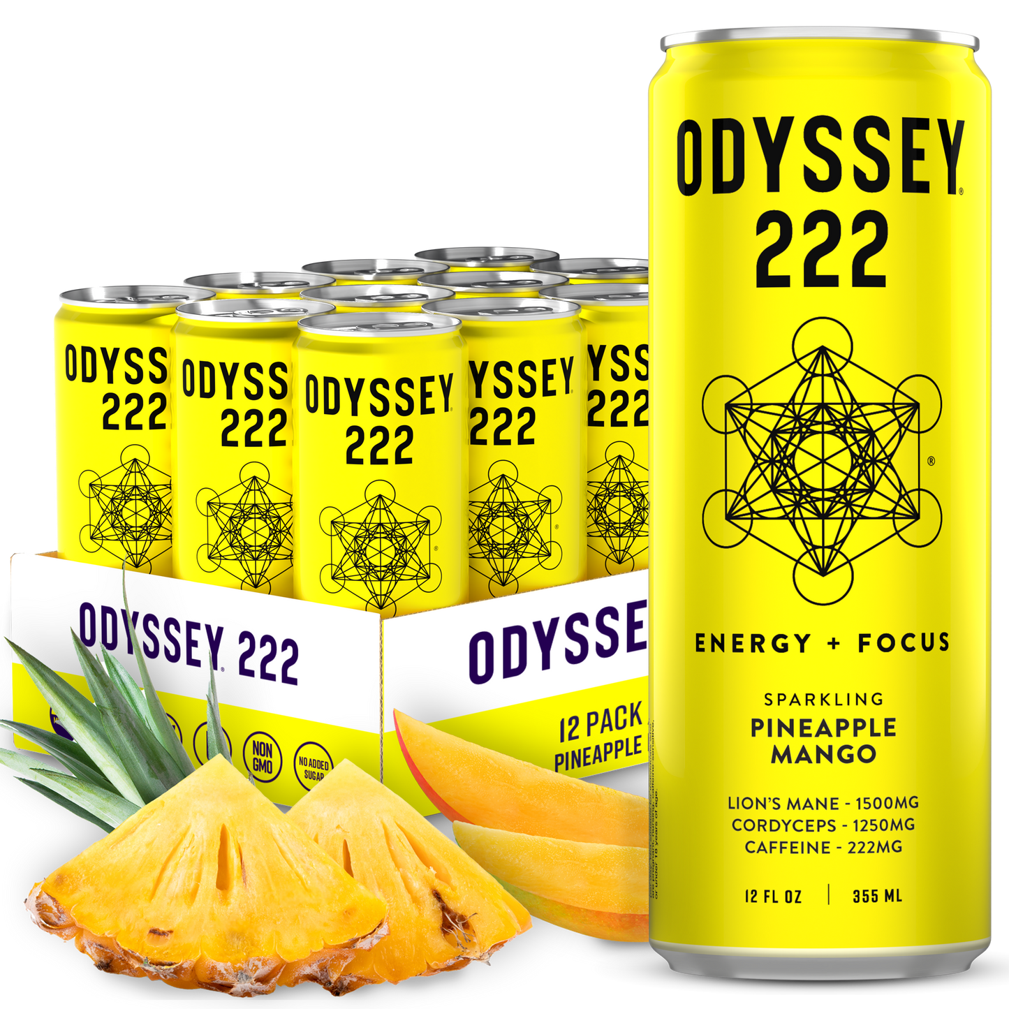 Pineapple Mango 222 Sparkling Energy Drink - 222mg Caffeine - 12 Pack