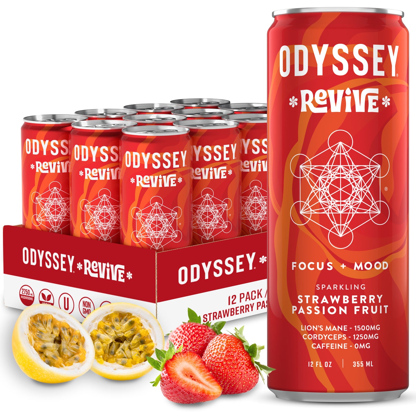 Strawberry Passion Fruit Revive Sparkling Mood & Hydration Drink - Caffeine Free - 12 Pack